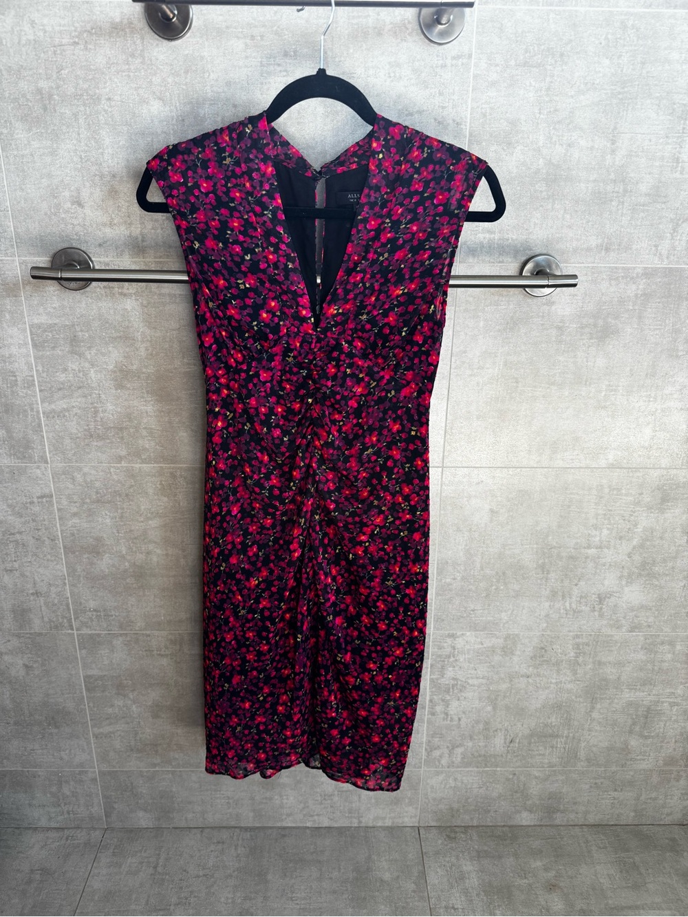 All Saints Floral V-Neck Midi Dress in Dark Pink and Black